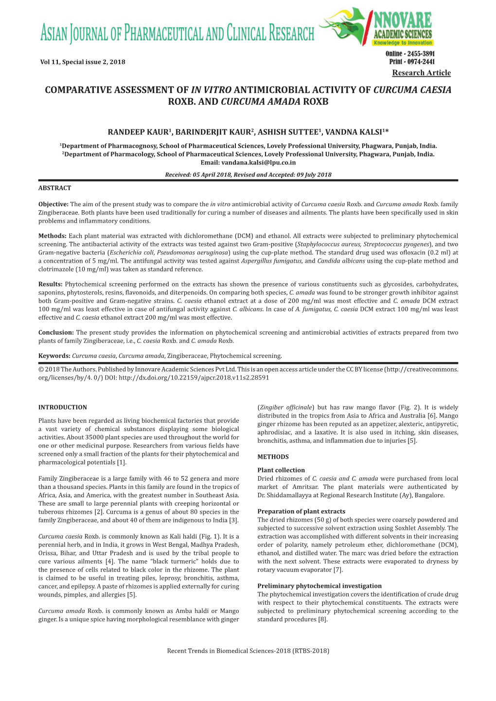 Comparative Assessment of in Vitro Antimicrobial Activity of Curcuma Caesia Roxb