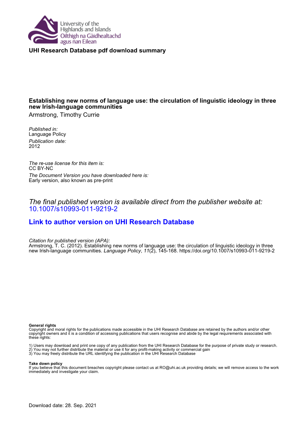 UHI Research Database Pdf Download Summary