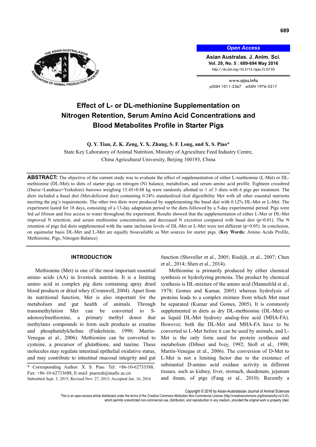 Or DL-Methionine Supplementation on Nitrogen Retention, Serum Amino Acid Concentrations and Blood Metabolites Profile in Starter Pigs