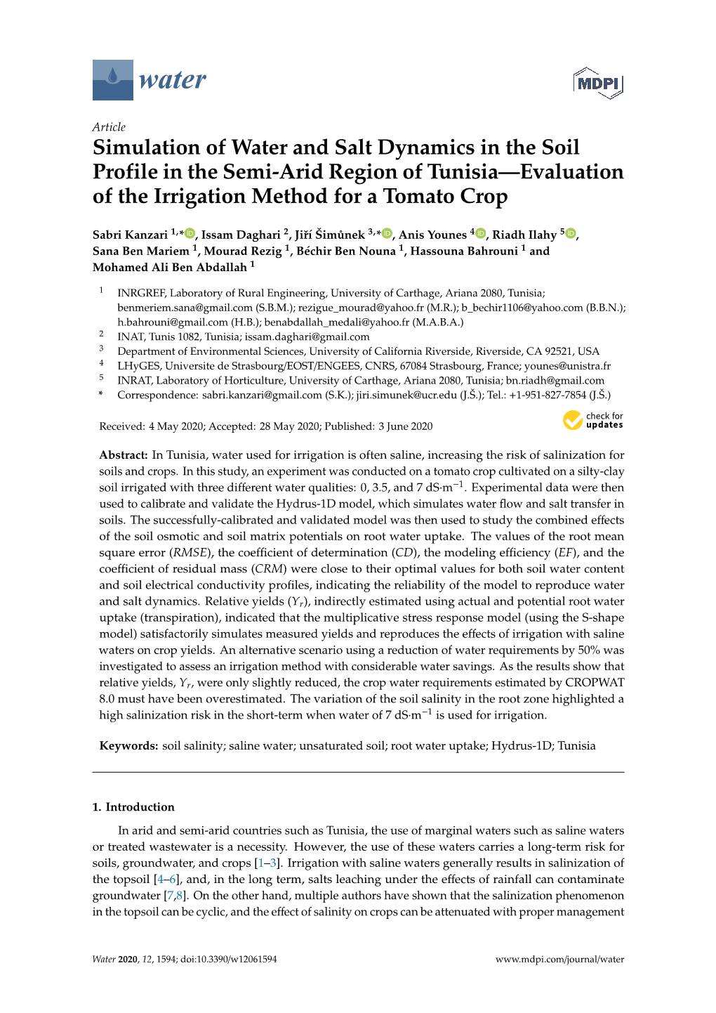 Simulation of Water and Salt Dynamics in the Soil Profile in the Semi-Arid Region of Tunisia—Evaluation of the Irrigation Method for a Tomato Crop