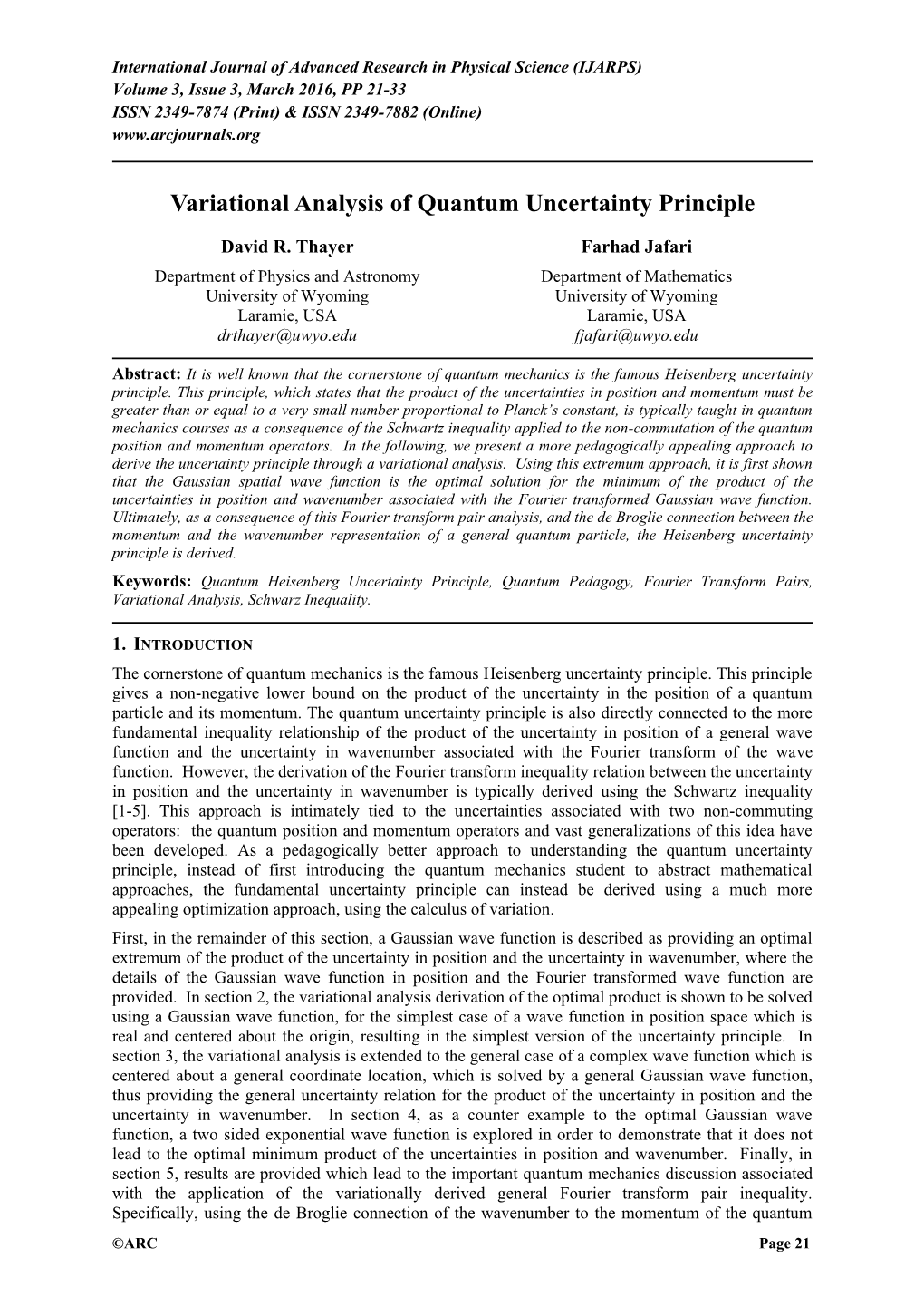 Variational Analysis of Quantum Uncertainty Principle