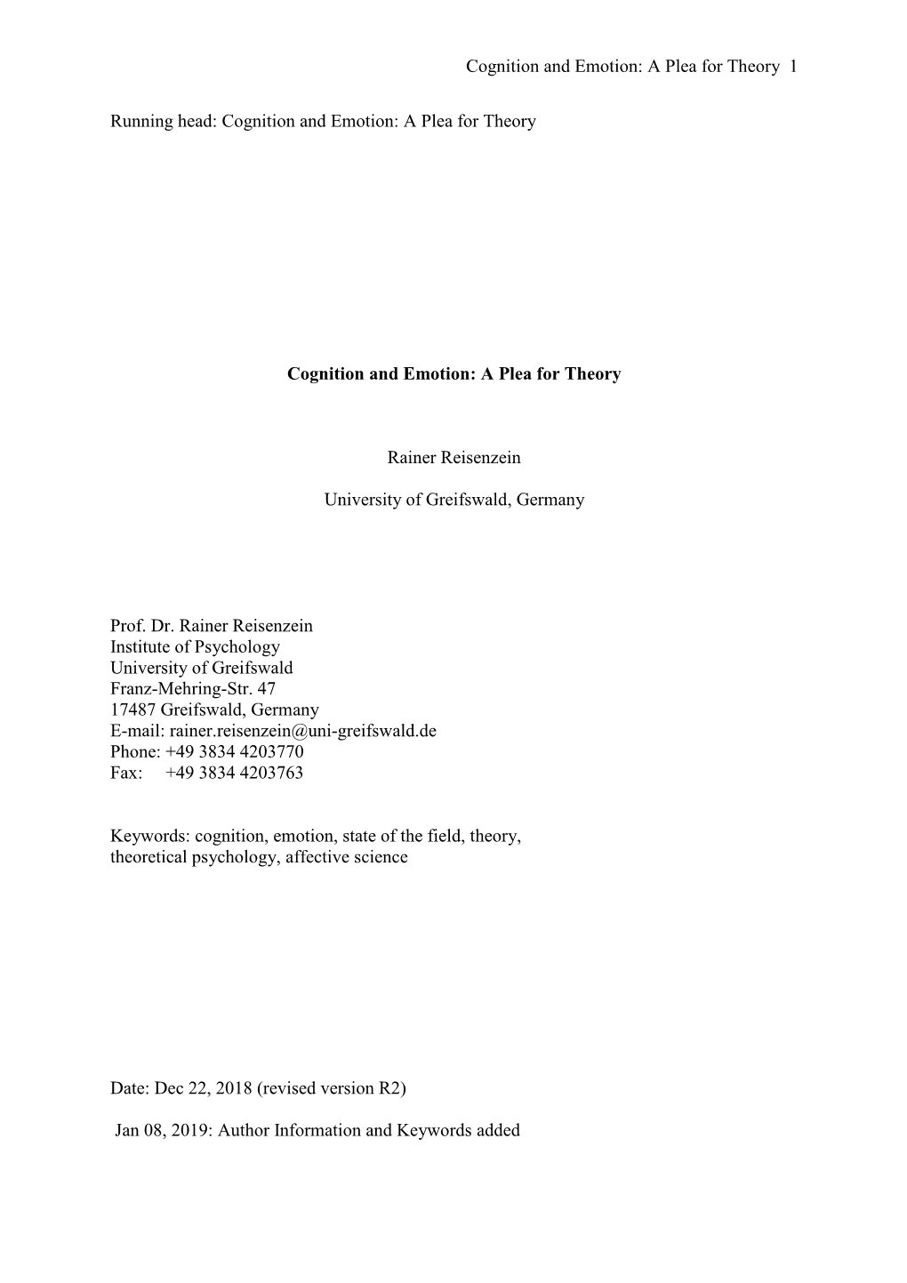 Cognition and Emotion: a Plea for Theory 1 Running Head: Cognition