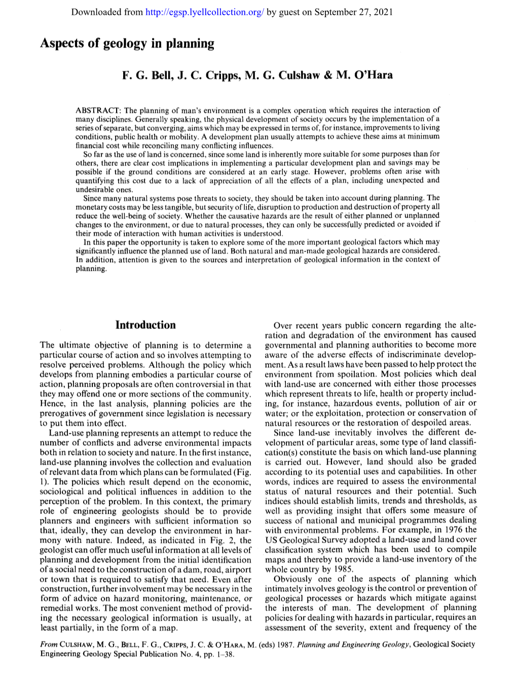 Aspects of Geology in Planning F. G. Bell, J. C. Cripps, M. G. Culshaw & M. O'hara Introduction