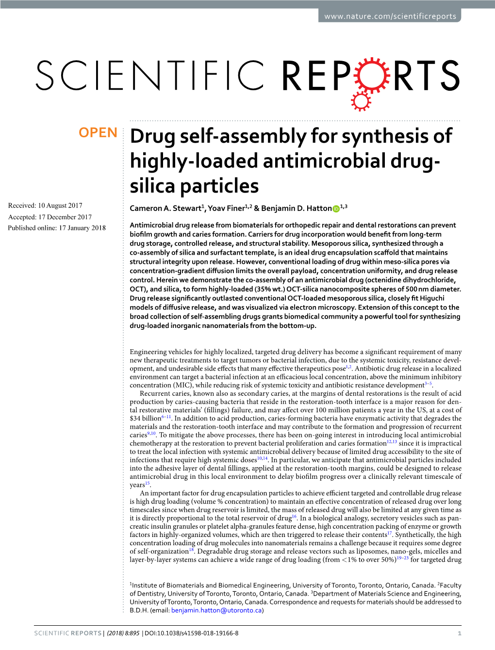 Drug Self-Assembly for Synthesis of Highly-Loaded Antimicrobial Drug- Silica Particles Received: 10 August 2017 Cameron A