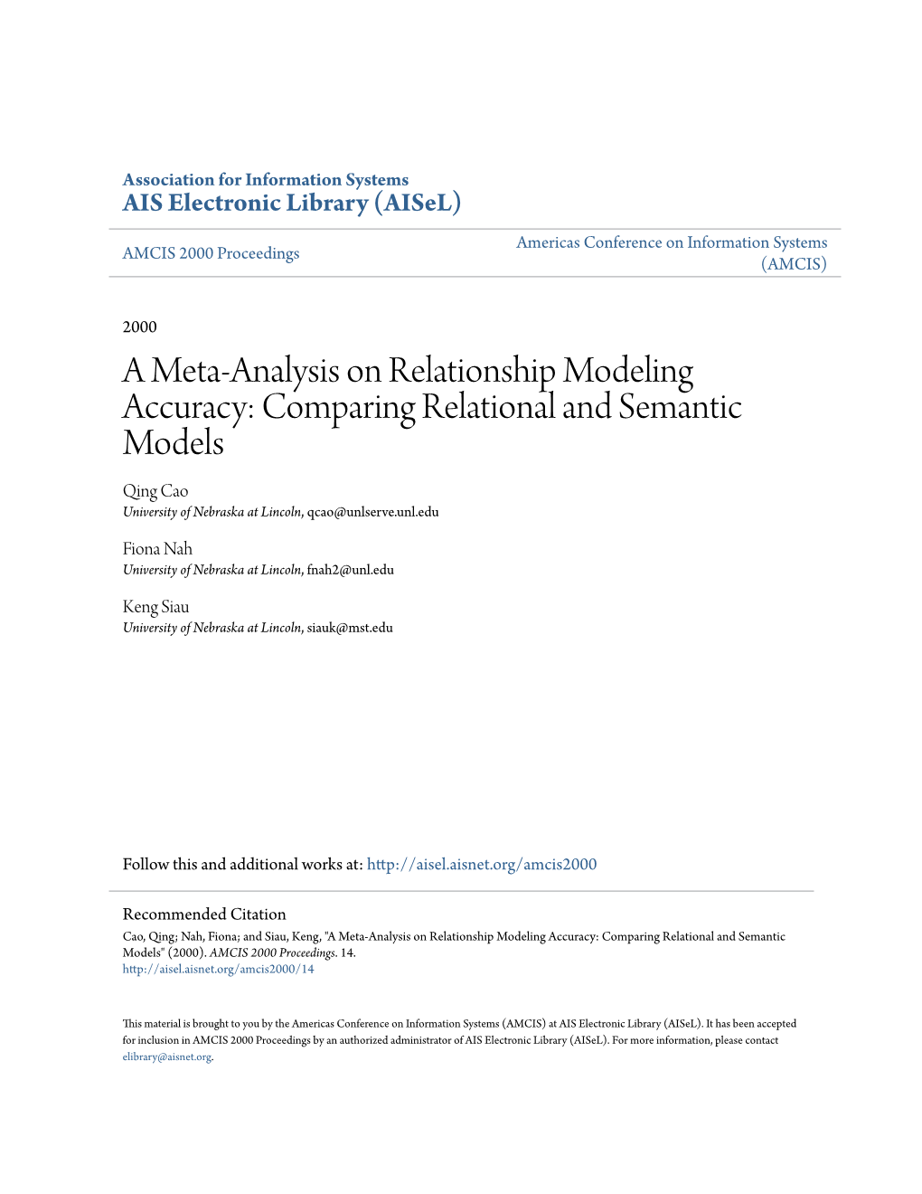 Comparing Relational and Semantic Models Qing Cao University of Nebraska at Lincoln, Qcao@Unlserve.Unl.Edu