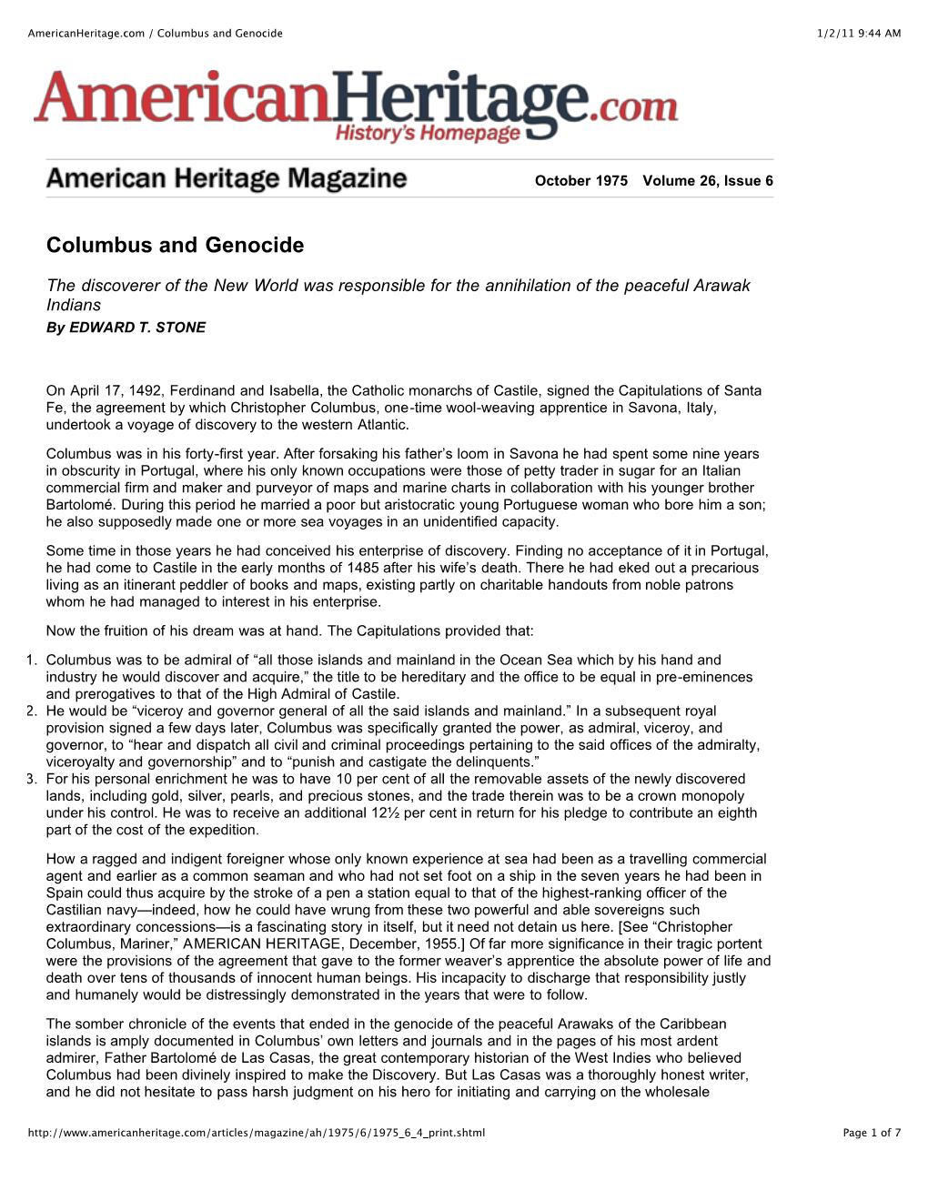 Americanheritage.Com / Columbus and Genocide 1/2/11 9:44 AM