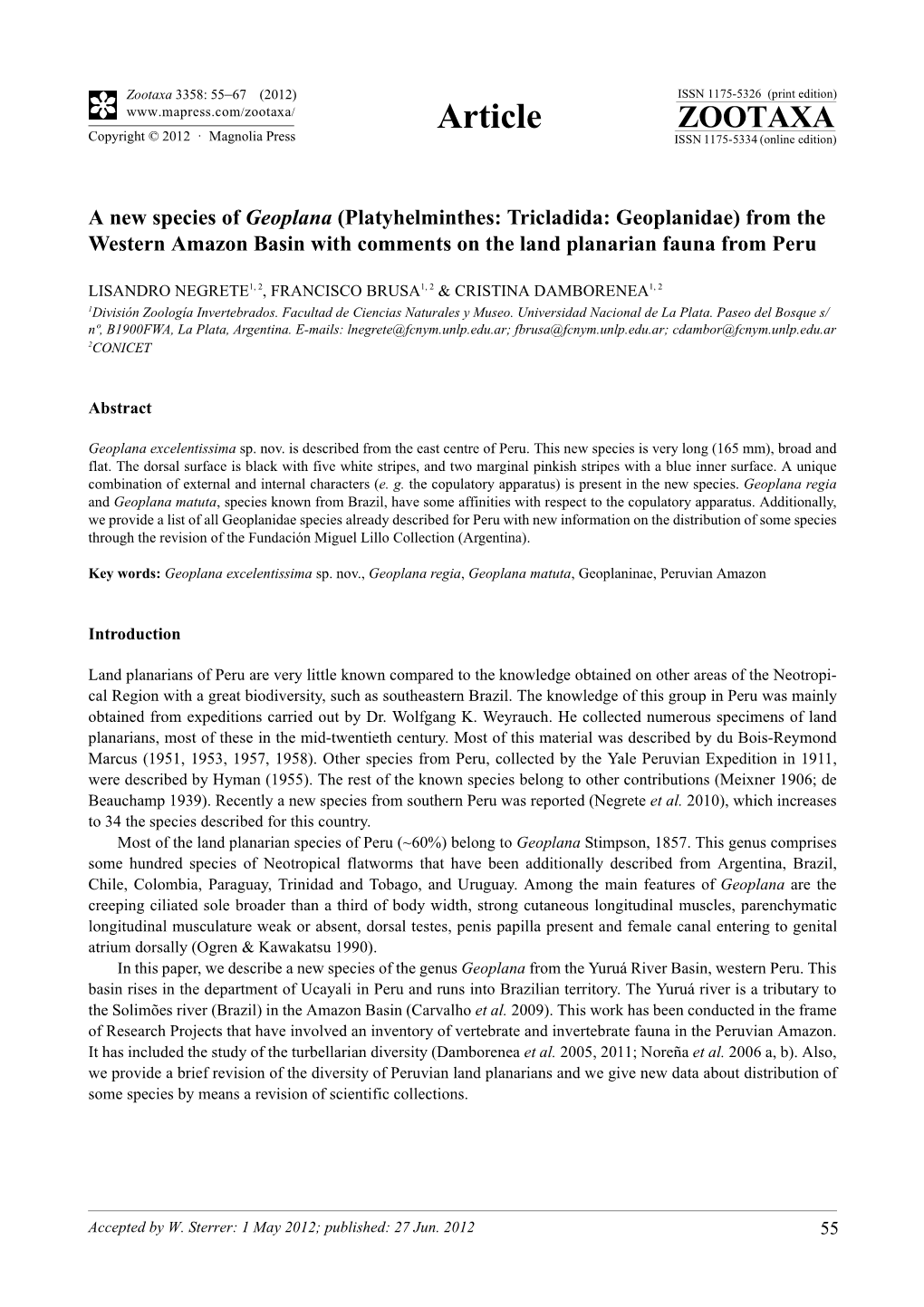 A New Species of Geoplana (Platyhelminthes: Tricladida: Geoplanidae) from the Western Amazon Basin with Comments on the Land Planarian Fauna from Peru