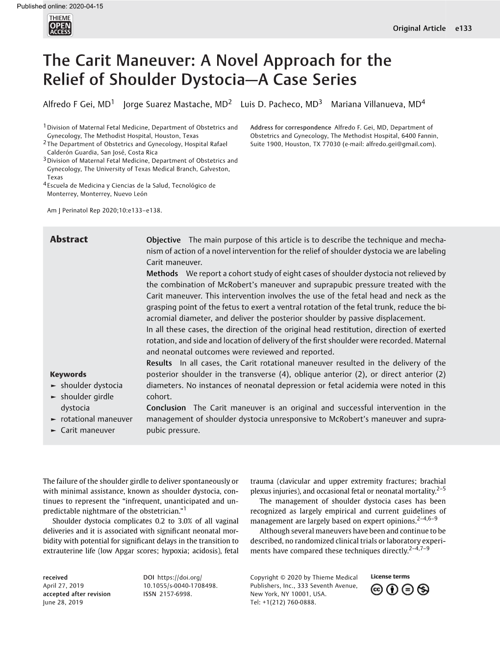 The Carit Maneuver: a Novel Approach for the Relief of Shoulder Dystocia—Acaseseries