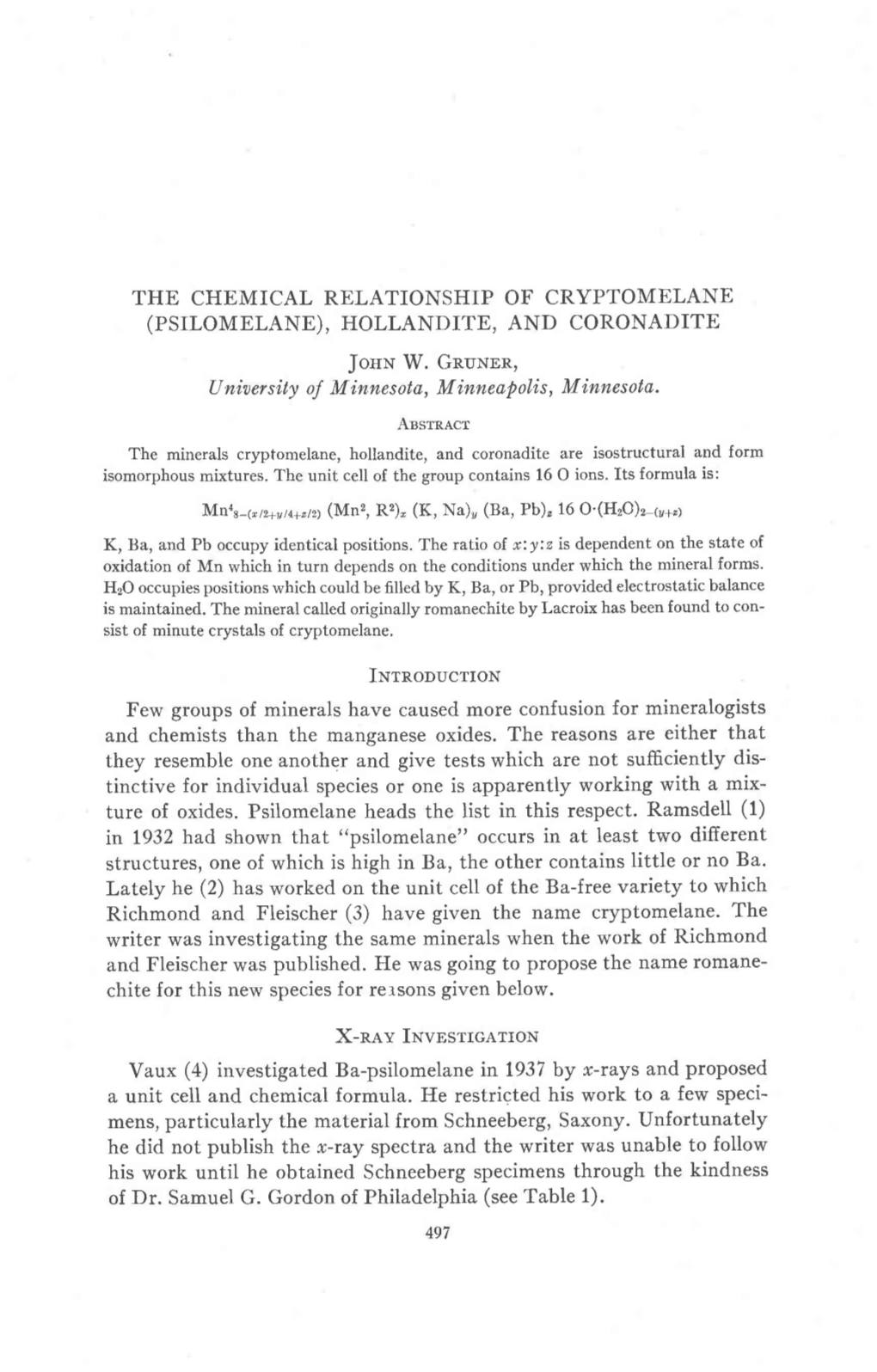 The Chemical Relationship of Cryptomelane (Psilomelane), Hollandite, and Coronadite