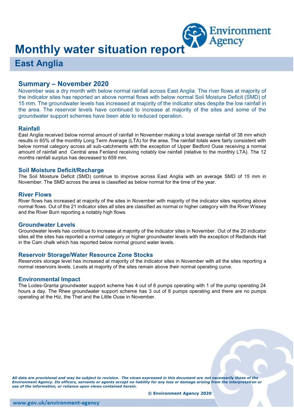 Monthly Water Situation Report East Anglia