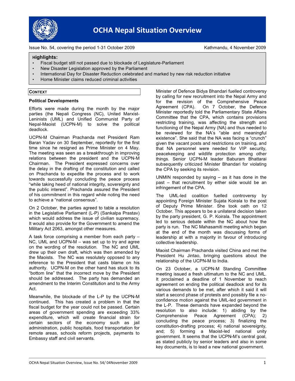 OCHA Nepal Situation Overview-October-2009