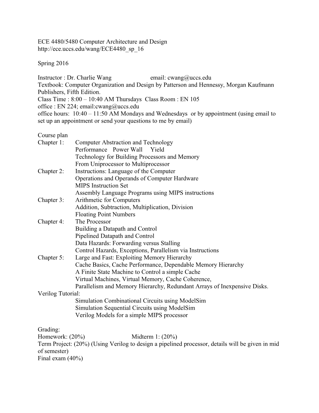 ECE 4480/5480 Computer Architecture and Design