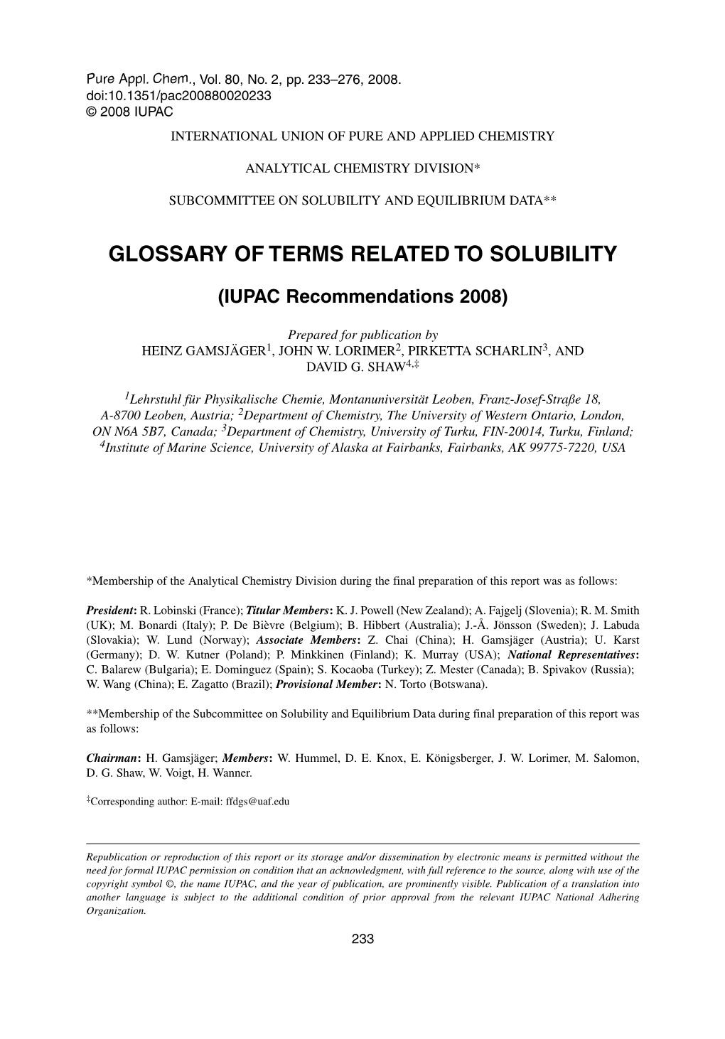 Glossary of Terms Related to Solubility (IUPAC Recommendations 2008)