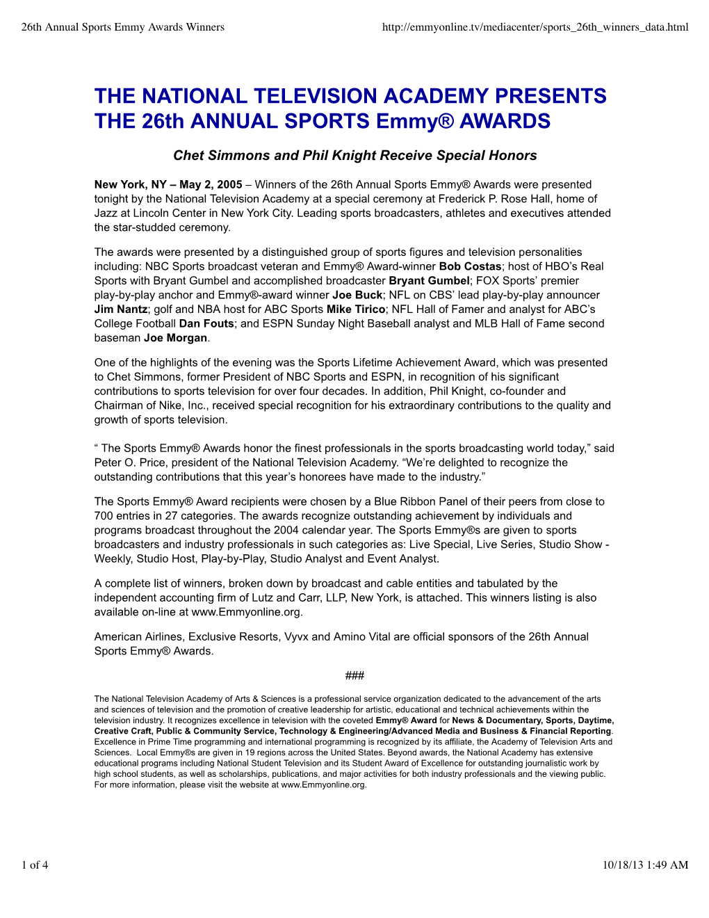 26Th Annual Sports Emmy Awards Winners