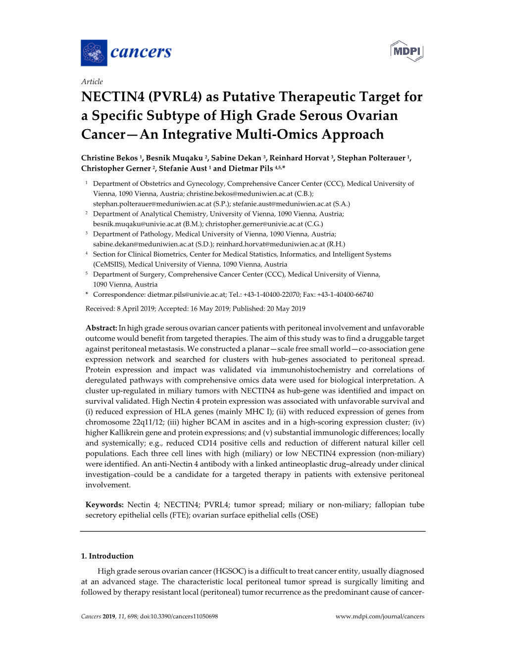 NECTIN4 (PVRL4) As Putative Therapeutic Target for a Specific Subtype of High Grade Serous Ovarian Cancer—An Integrative Multi-Omics Approach