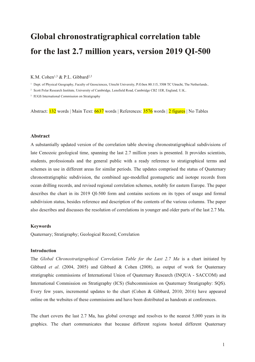 Global Chronostratigraphical Correlation Table for the Last 2.7 Million Years, Version 2019 QI-500