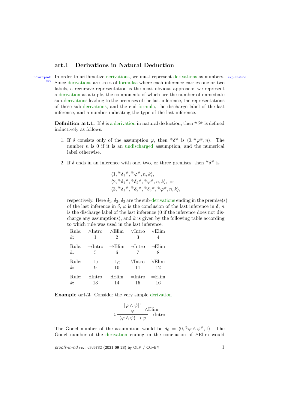 Art.1 Derivations in Natural Deduction Inc:Art:Pnd: in Order to Arithmetize Derivations, We Must Represent Derivations As Numbers