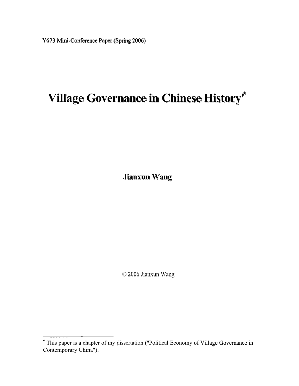 Village Governance in Chinese History'