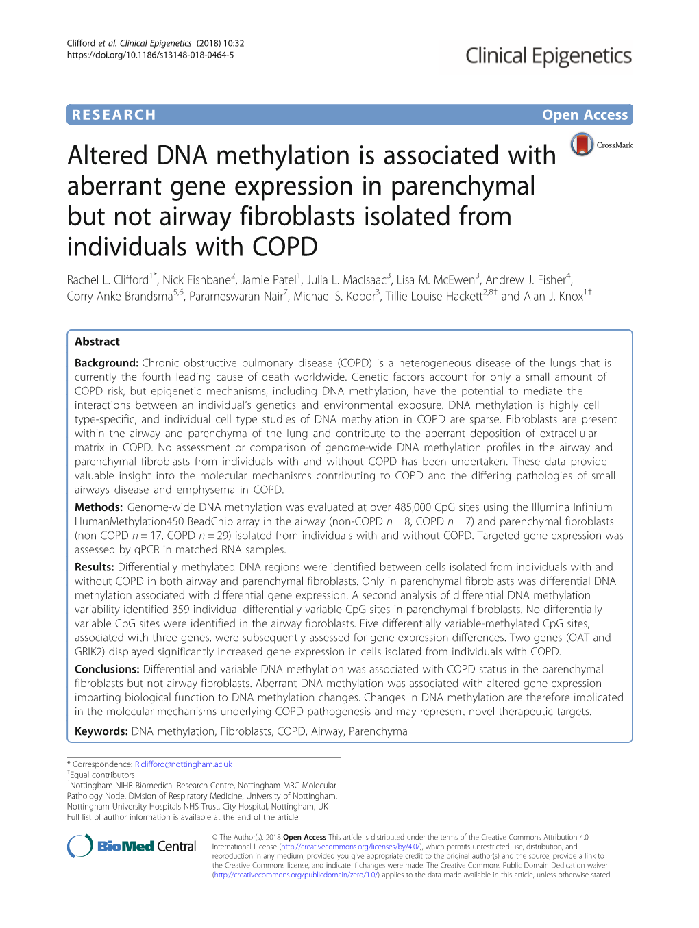 Altered DNA Methylation Is Associated with Aberrant Gene Expression in Parenchymal but Not Airway Fibroblasts Isolated from Individuals with COPD Rachel L