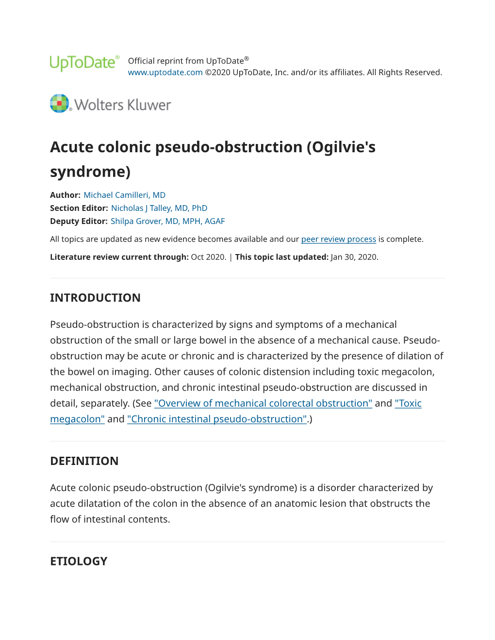 Acute Colonic Pseudo-Obstruction (Ogilvie's Syndrome)