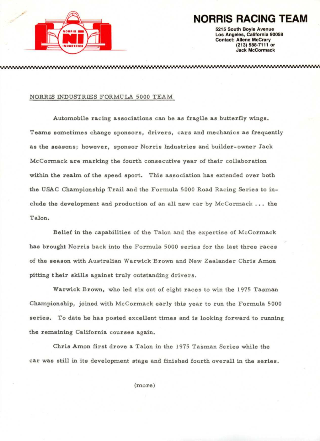 NORRIS RACING TEAM 5215 South Boyle Avenue Los Angeles, California 90058 Contact: Allene Mccrary (213)588-7111 Or Jack Mccormack