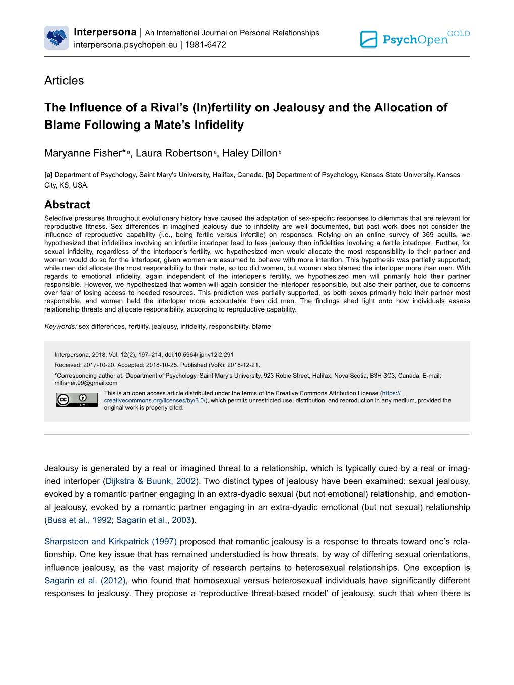 (In)Fertility on Jealousy and the Allocation of Blame Following a Mate’S Infidelity
