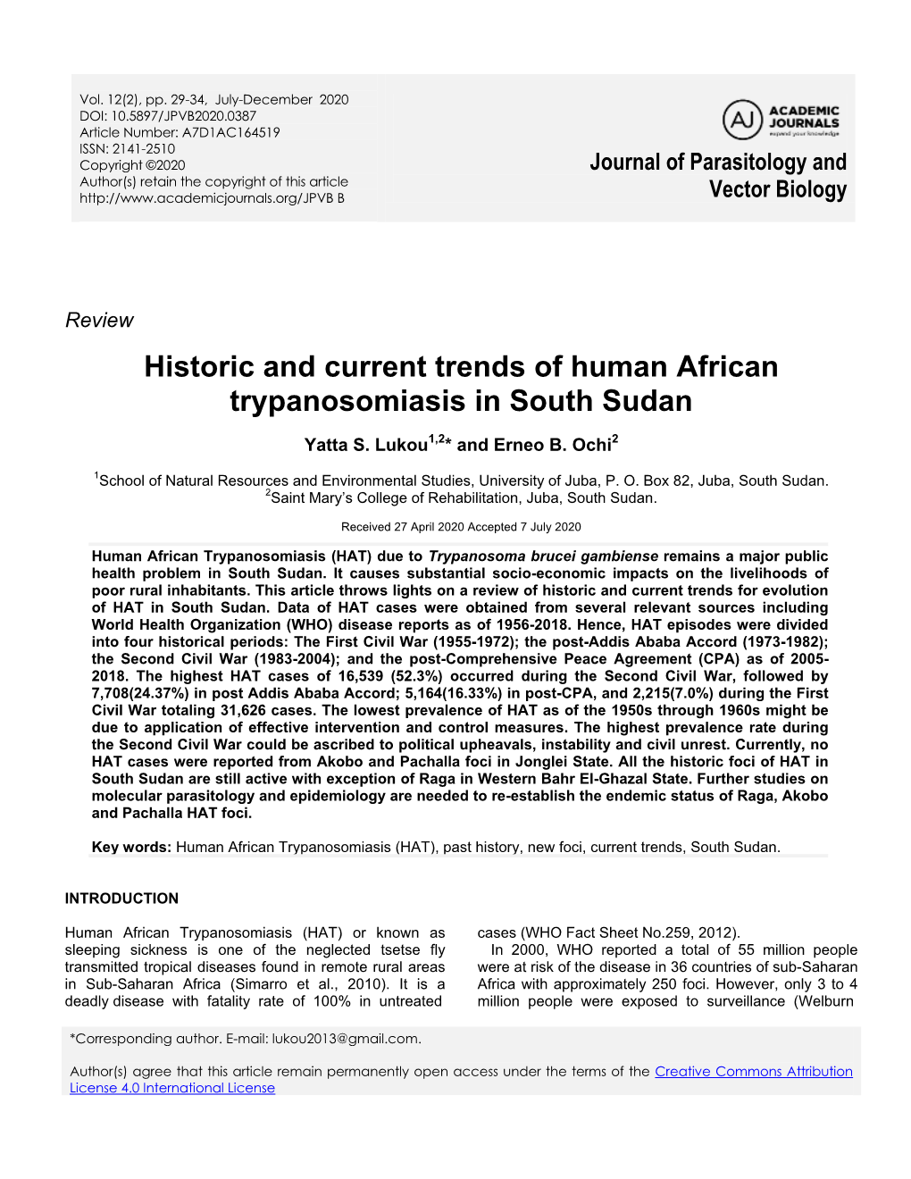 Historic and Current Trends of Human African Trypanosomiasis in South Sudan