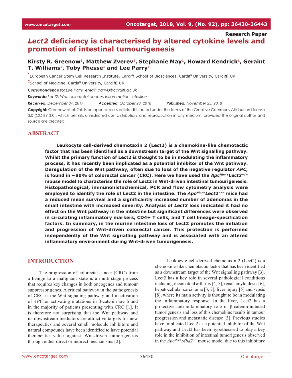 Lect2 Deficiency Is Characterised by Altered Cytokine Levels and Promotion of Intestinal Tumourigenesis