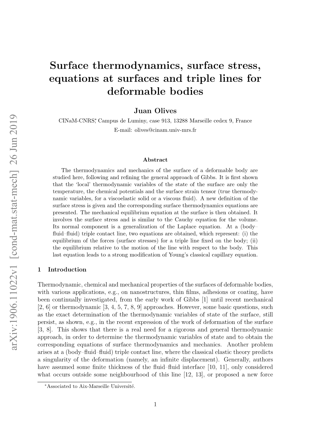 Surface Thermodynamics, Surface Stress, Equations at Surfaces and Triple Lines for Deformable Bodies Arxiv:1906.11022V1 [Cond-M