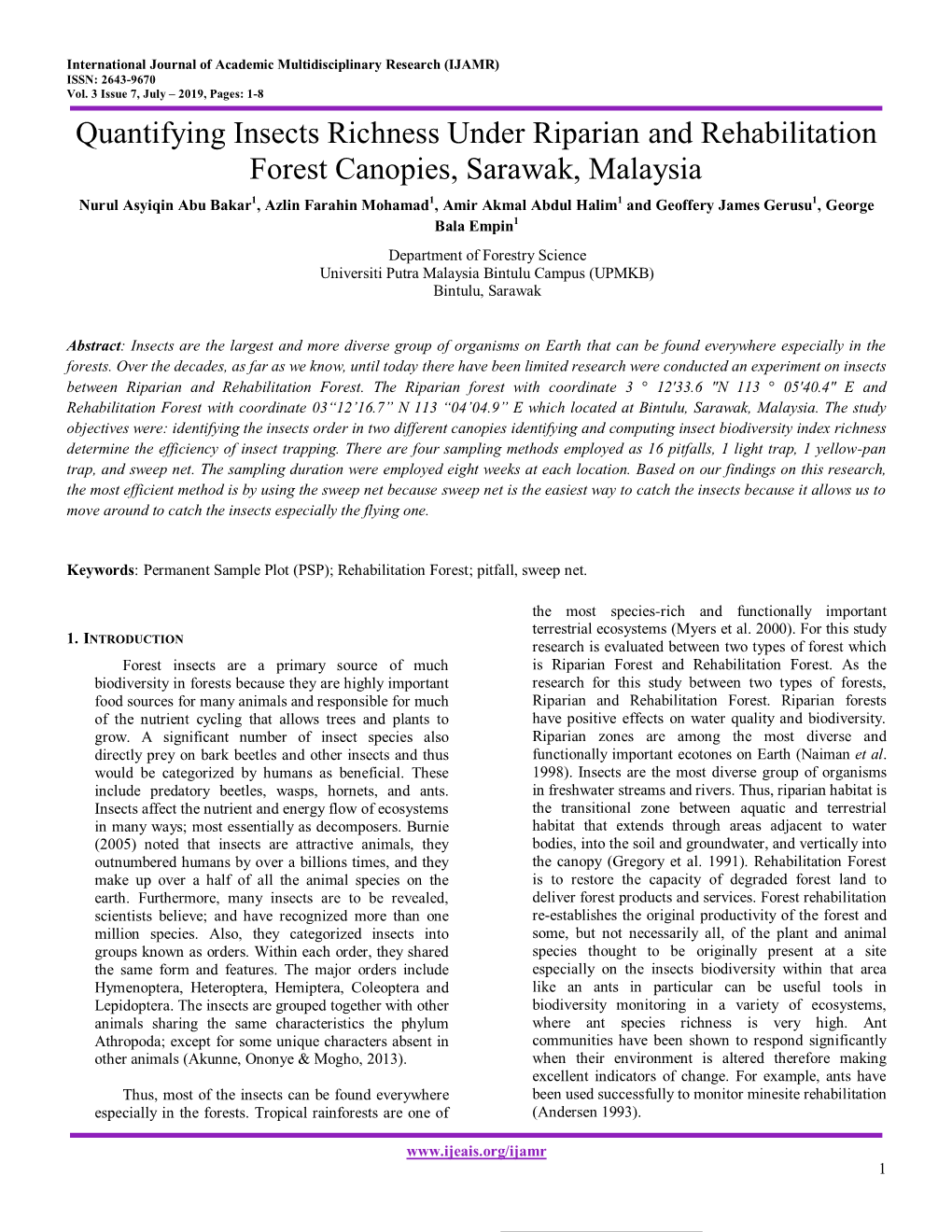 Quantifying Insects Richness Under Riparian and Rehabilitation Forest