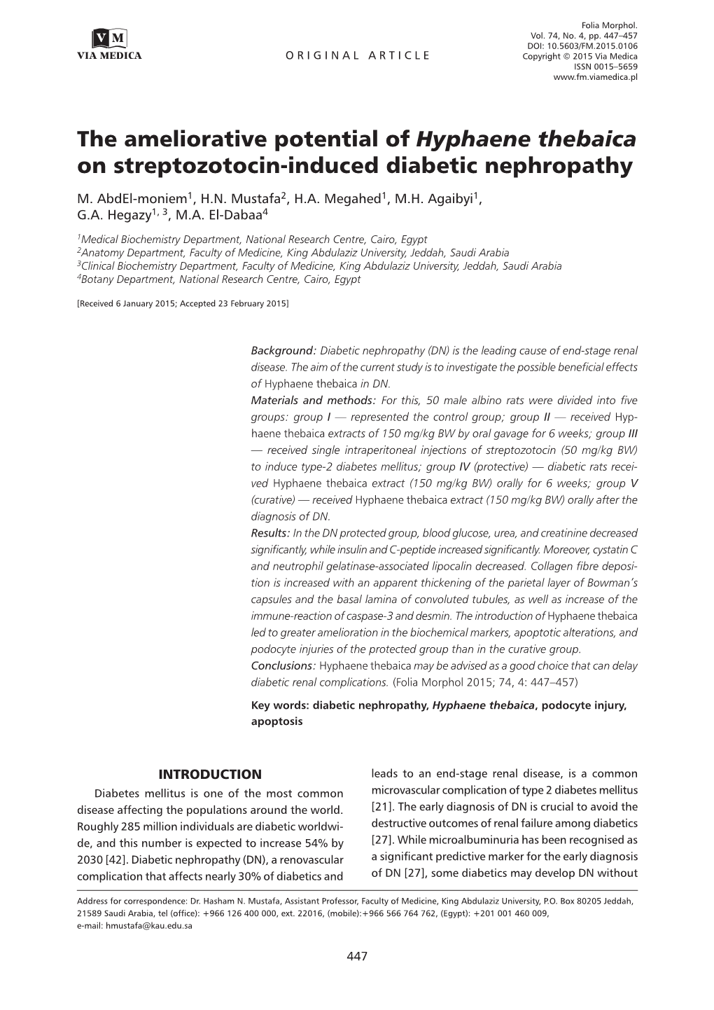 Hyphaene Thebaica on Streptozotocin-Induced Diabetic Nephropathy M