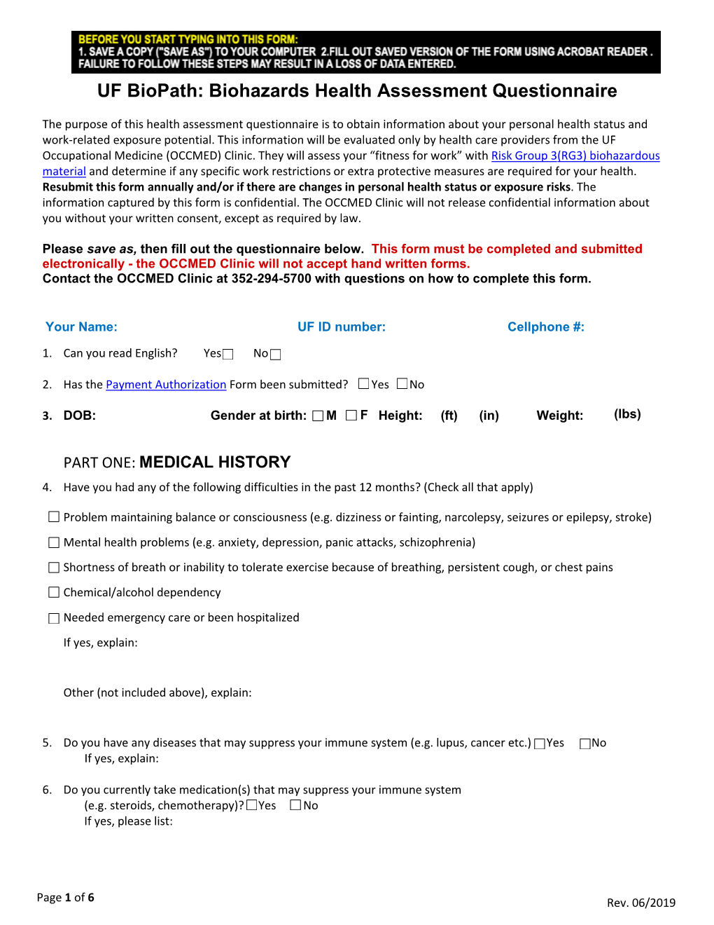 UF Biopath: Biohazards Health Assessment Questionnaire