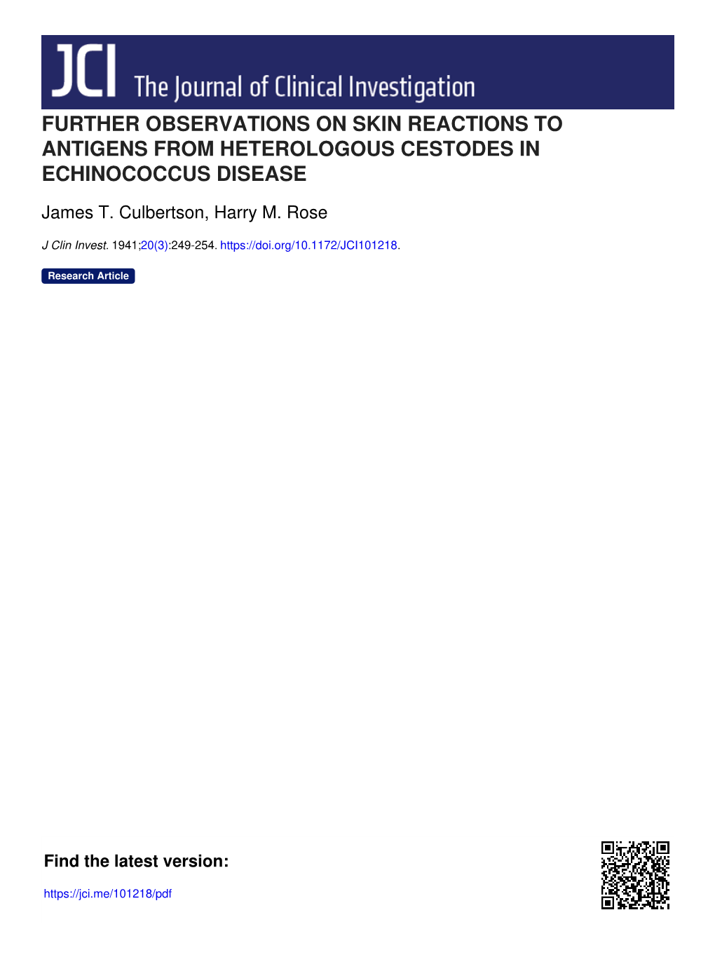 Further Observations on Skin Reactions to Antigens from Heterologous Cestodes in Echinococcus Disease
