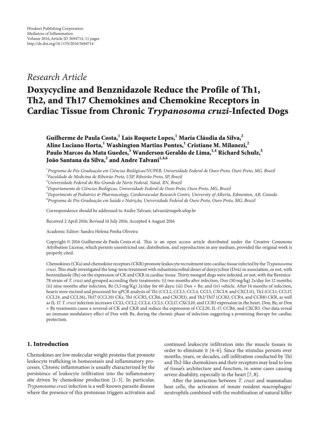 Doxycycline and Benznidazole Reduce the Profile of Th1, Th2, and Th17 Chemokines and Chemokine Receptors in Cardiac Tissue from Chronic Trypanosoma Cruzi-Infected Dogs