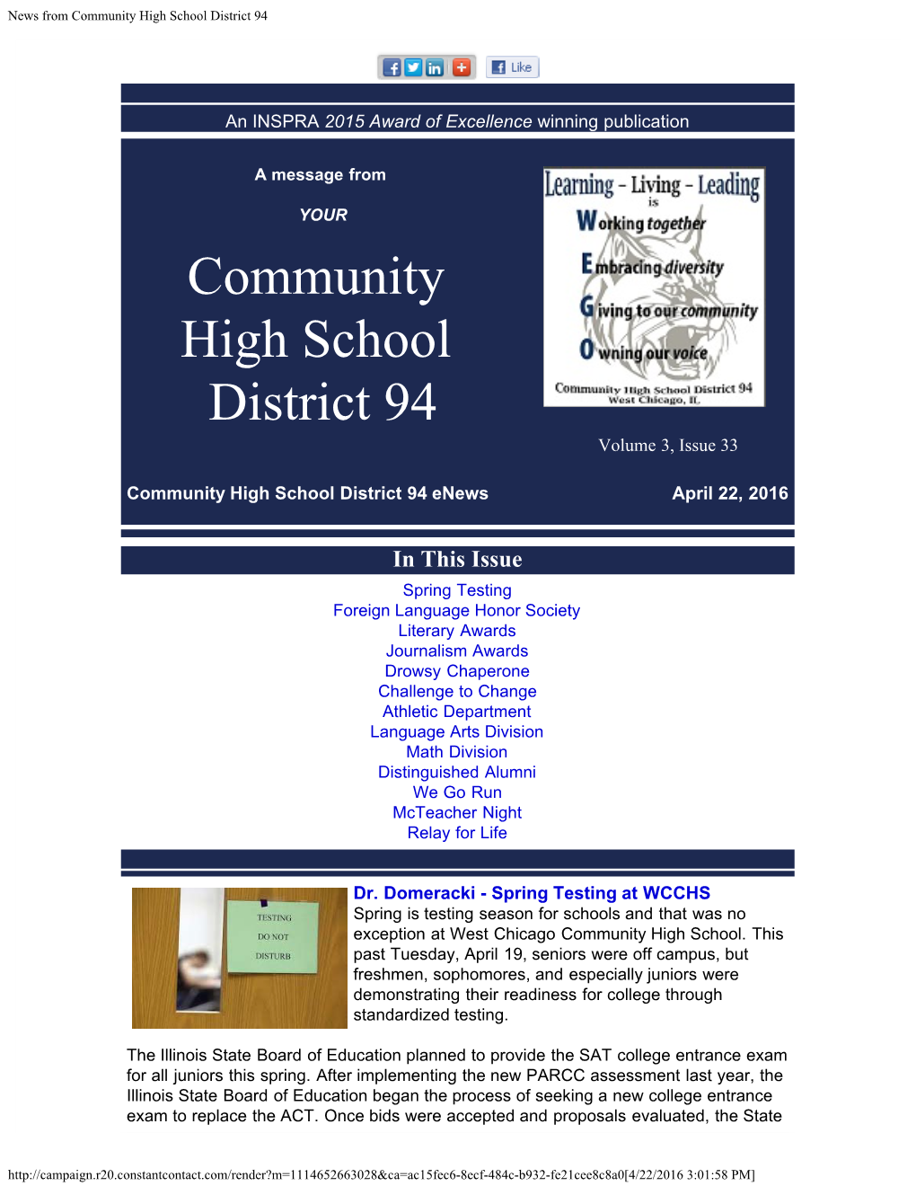 News from Community High School District 94