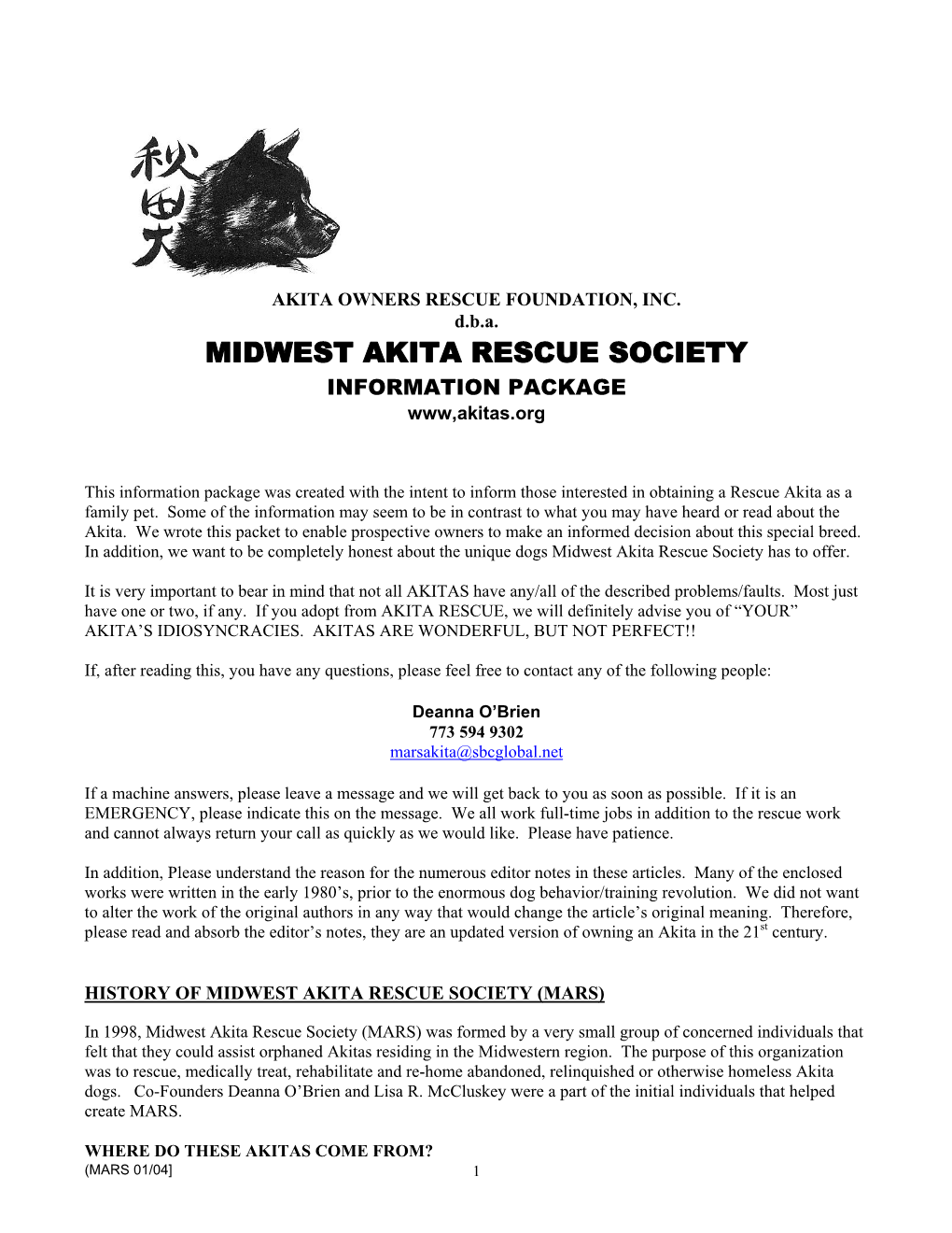 MIDWEST AKITA RESCUE SOCIETY INFORMATION PACKAGE Www,Akitas.Org