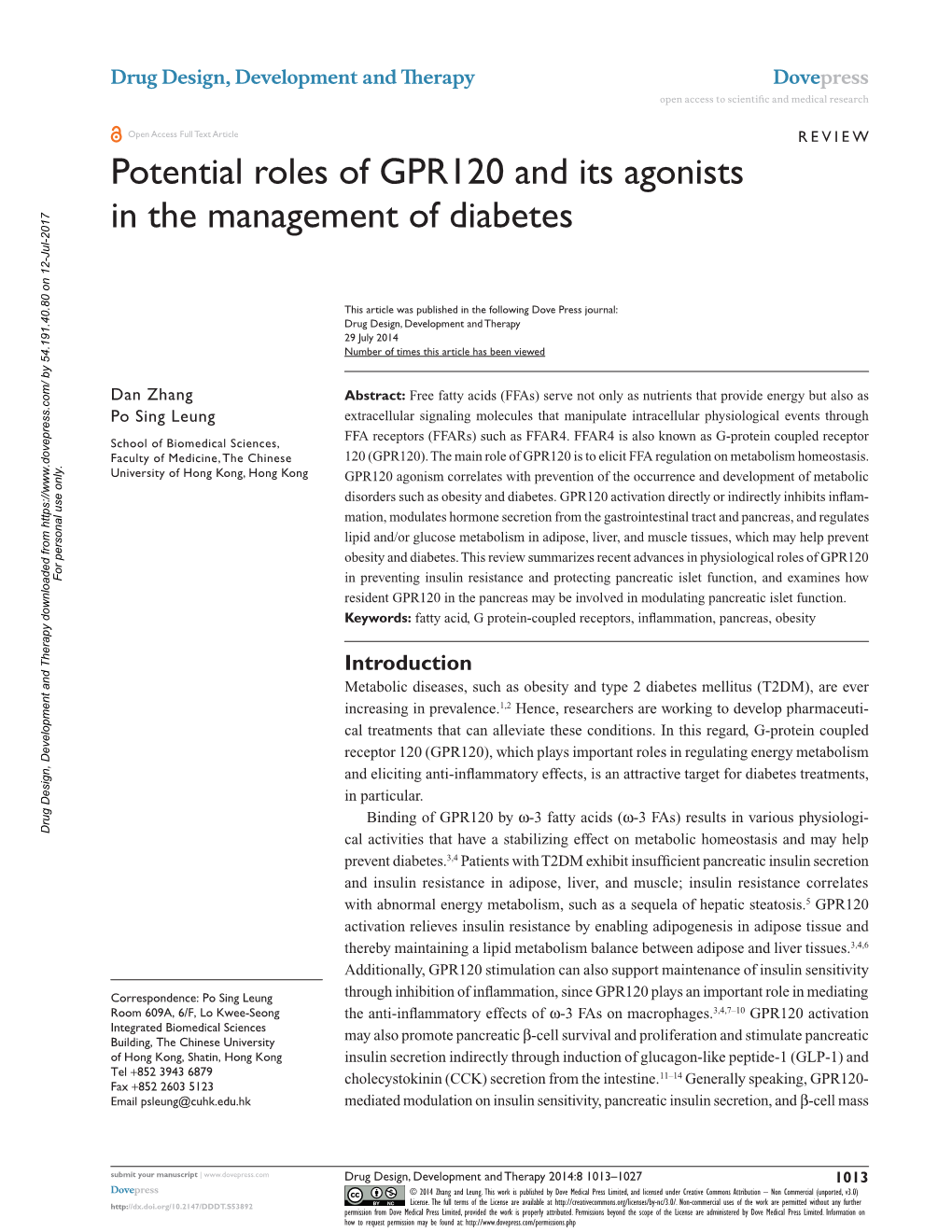 Potential Roles of GPR120 and Its Agonists in the Management of Diabetes