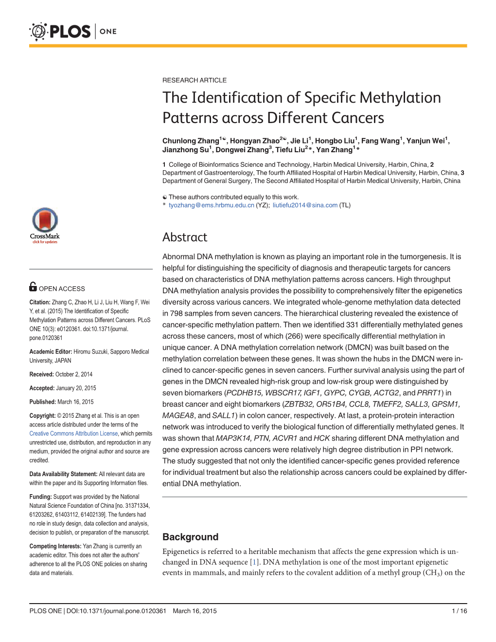 The Identification of Specific Methylation Patterns Across Different Cancers