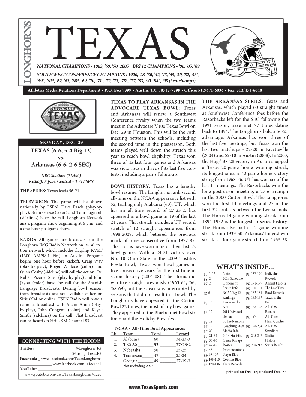 LONGHORNS ’59*, ’61*, ’62, ’63, ’68*, ’69, ’70, ’71 , ’72, ’73, ’75*, ’77, ’83, ’90, ’94*, ’95 (*Co-Champs)