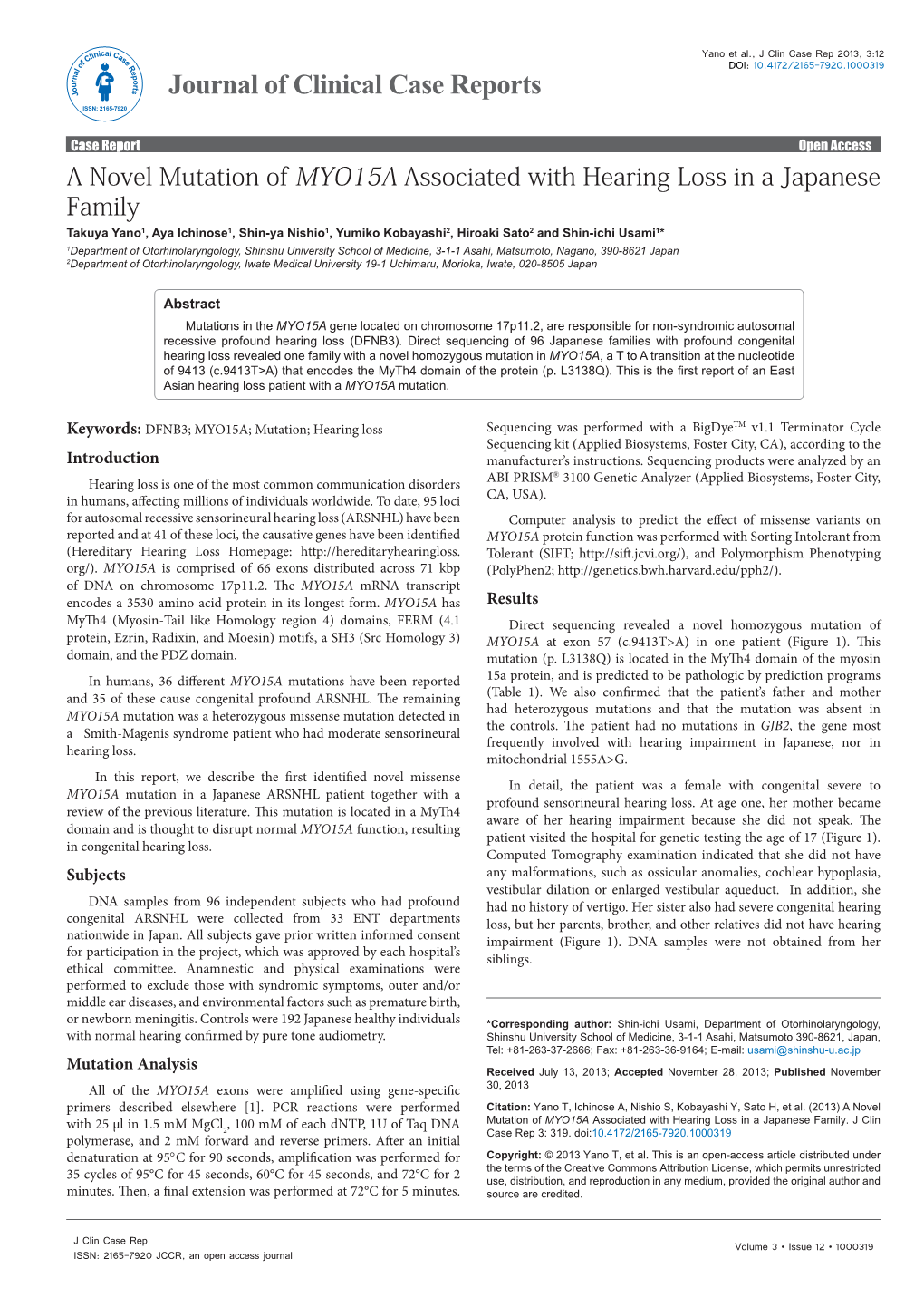 A Novel Mutation of MYO15A Associated with Hearing Loss in A