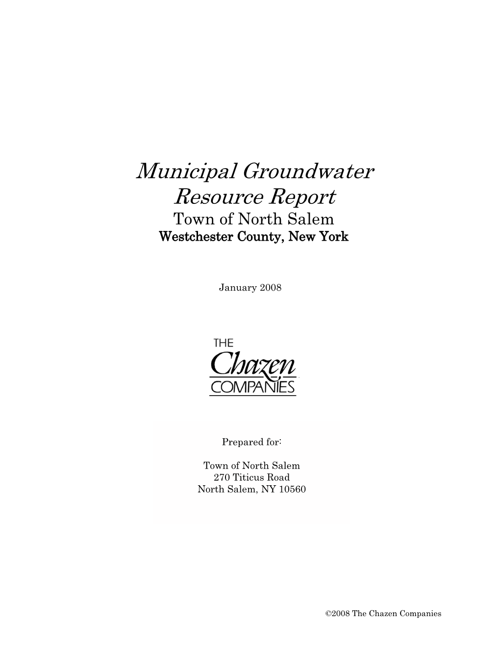 Municipal Groundwater Resource Report Town of North Salem Page I