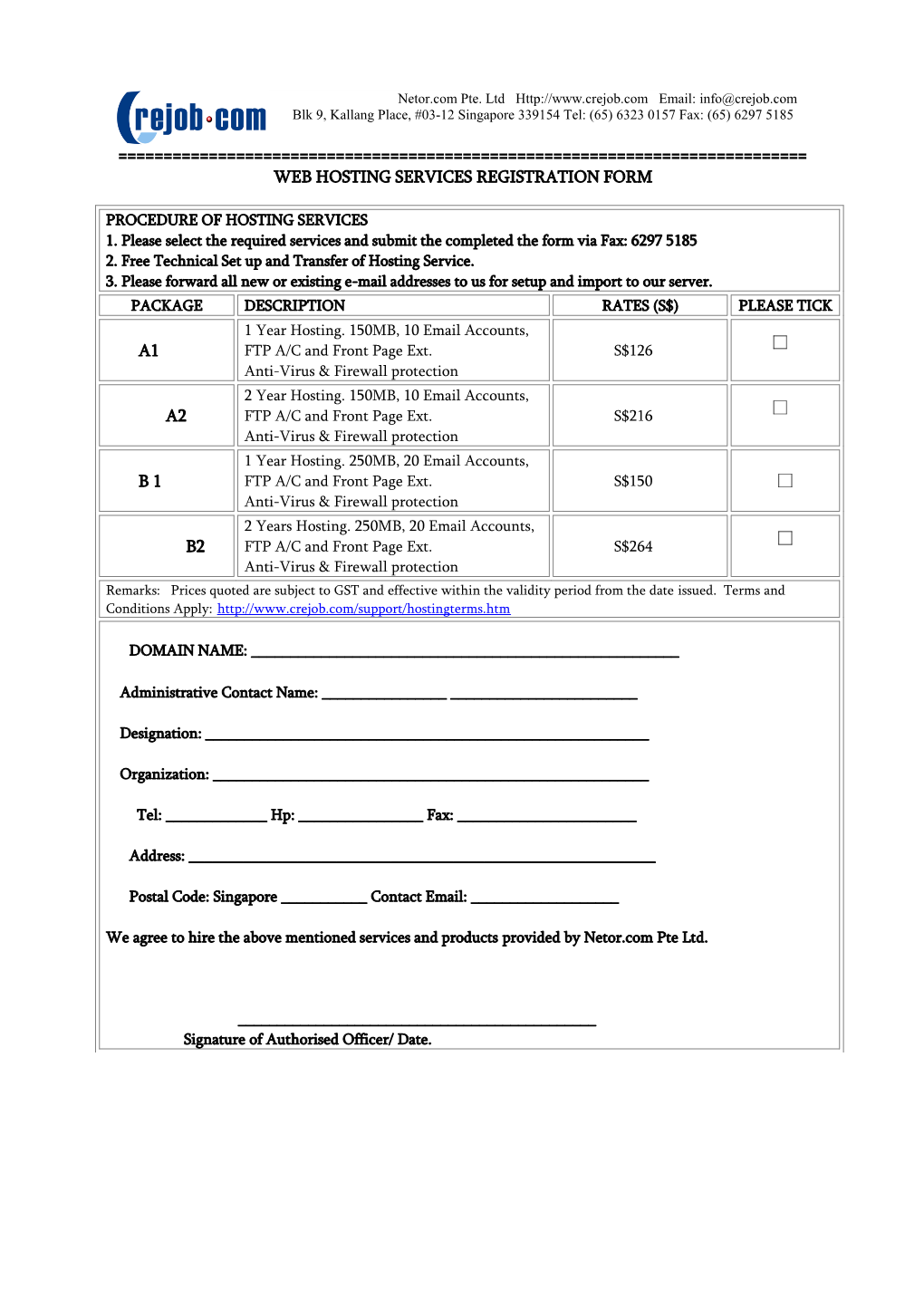 Web Hosting Services Registration Form