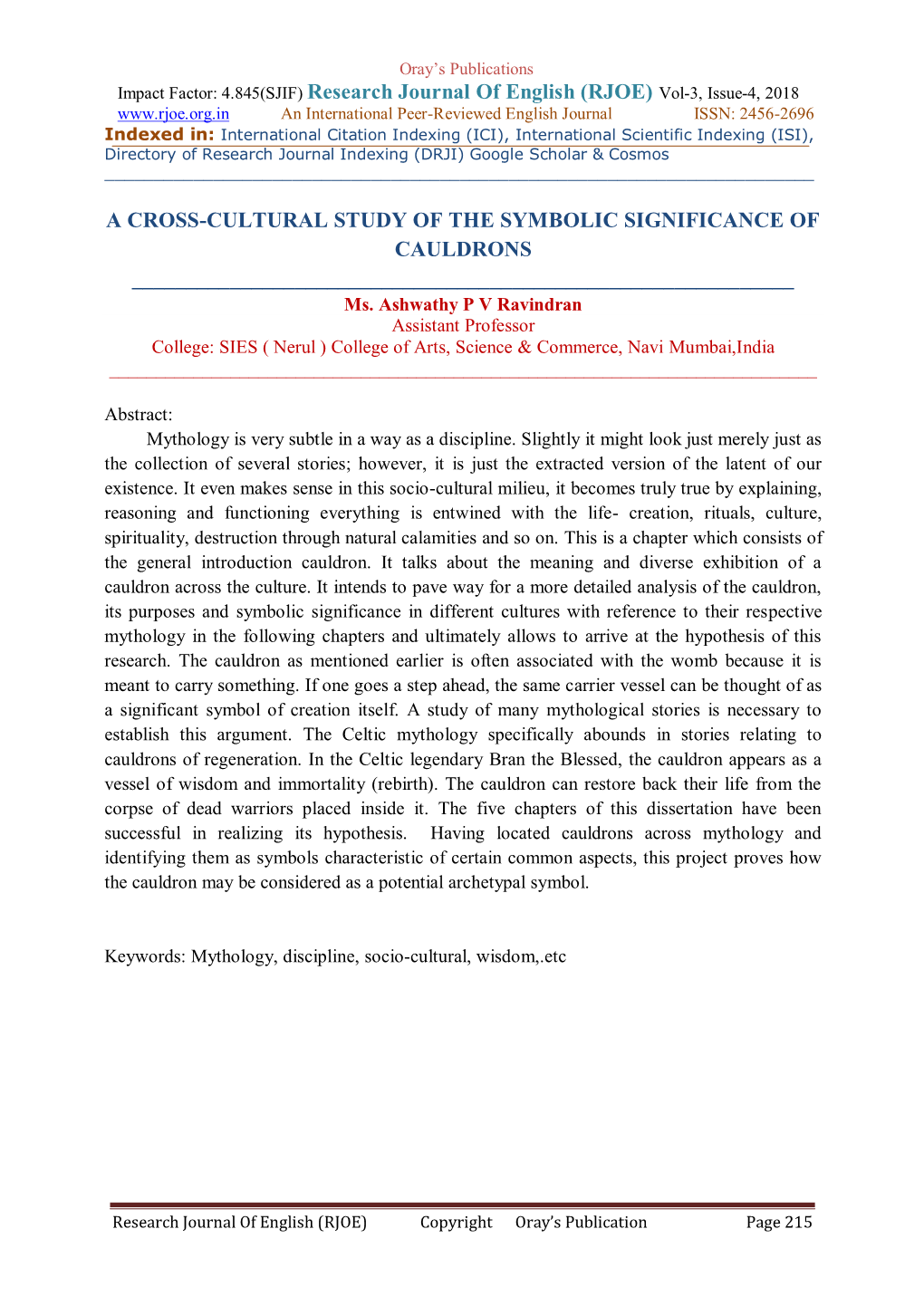 Impact Factor: 4.845(SJIF) Research Journal of English (RJOE) Vol-3