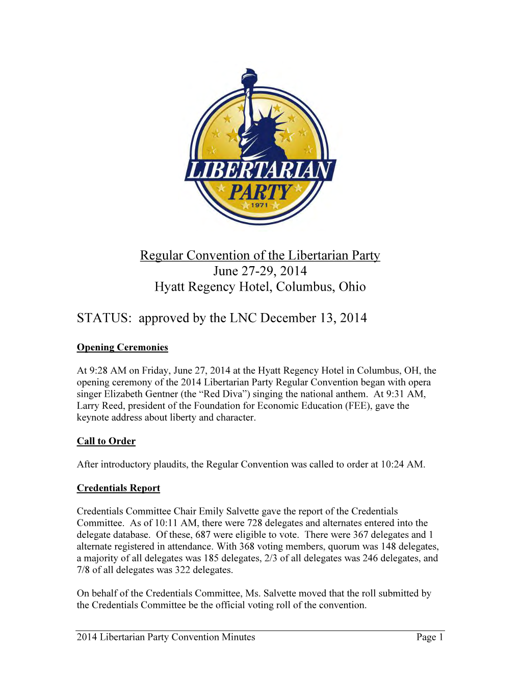 2014 Libertarian Party Convention Minutes Page 1