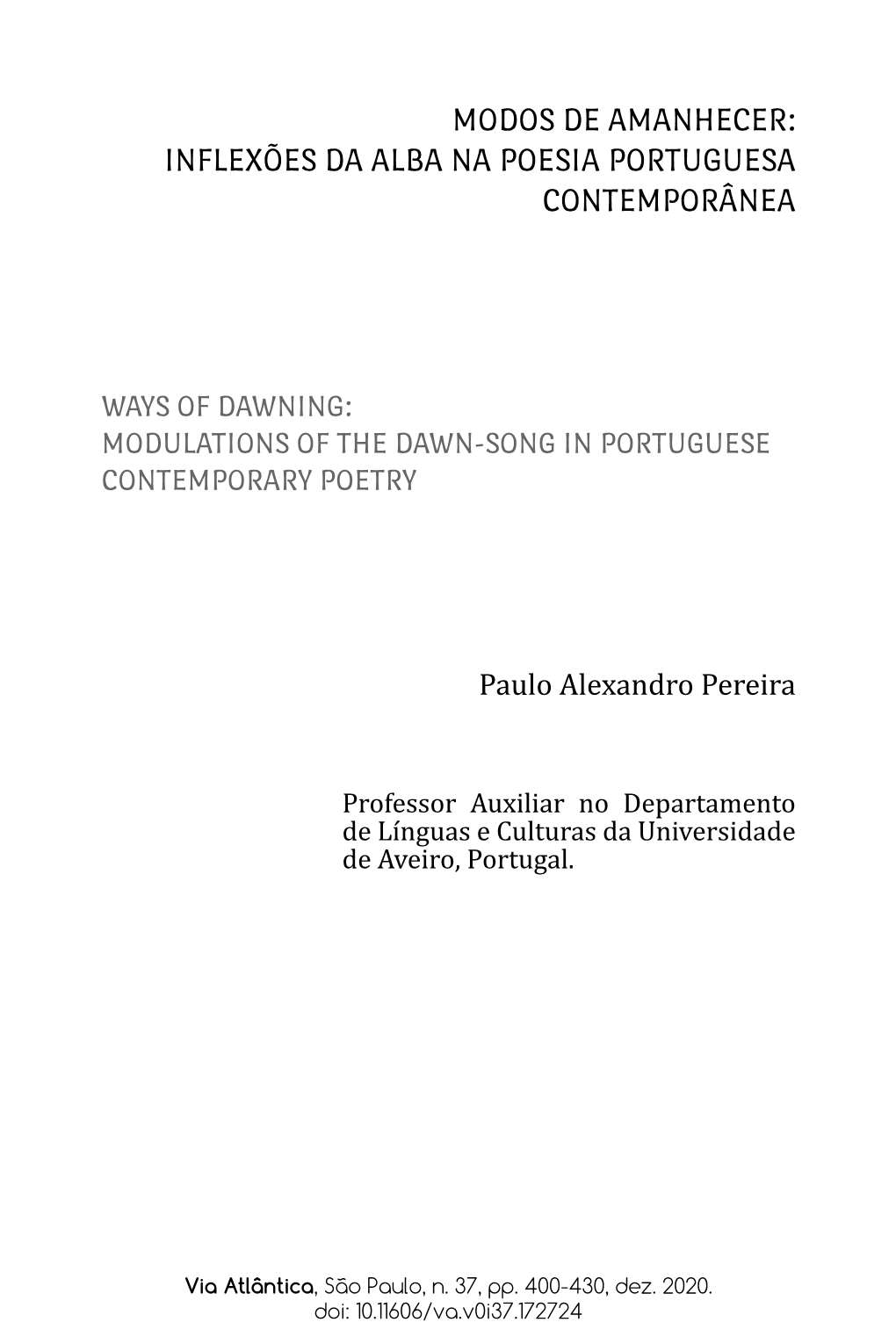Inflexões Da Alba Na Poesia Portuguesa Contemporânea
