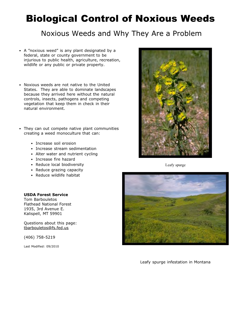Biological Control of Noxious Weeds Noxious Weeds and Why They Are a Problem