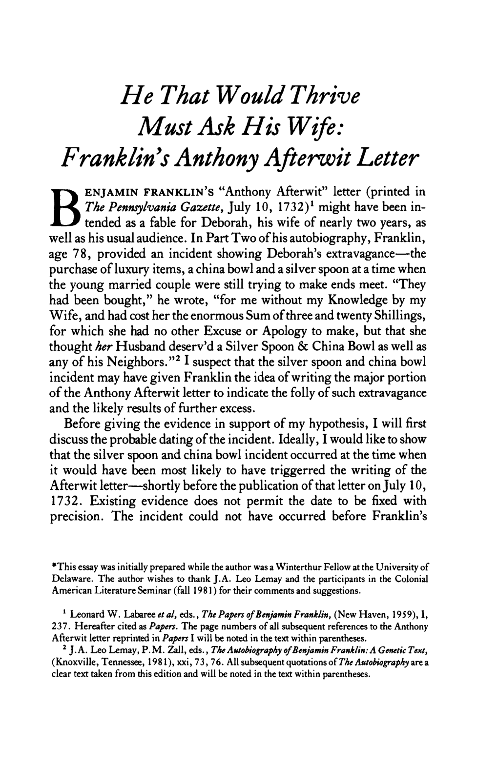 Franklin's Anthony Afterwit Letter