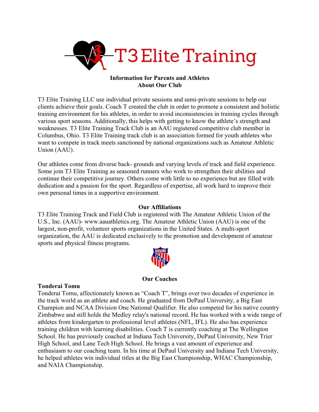 Information for Parents and Athletes About Our Club T3 Elite Training