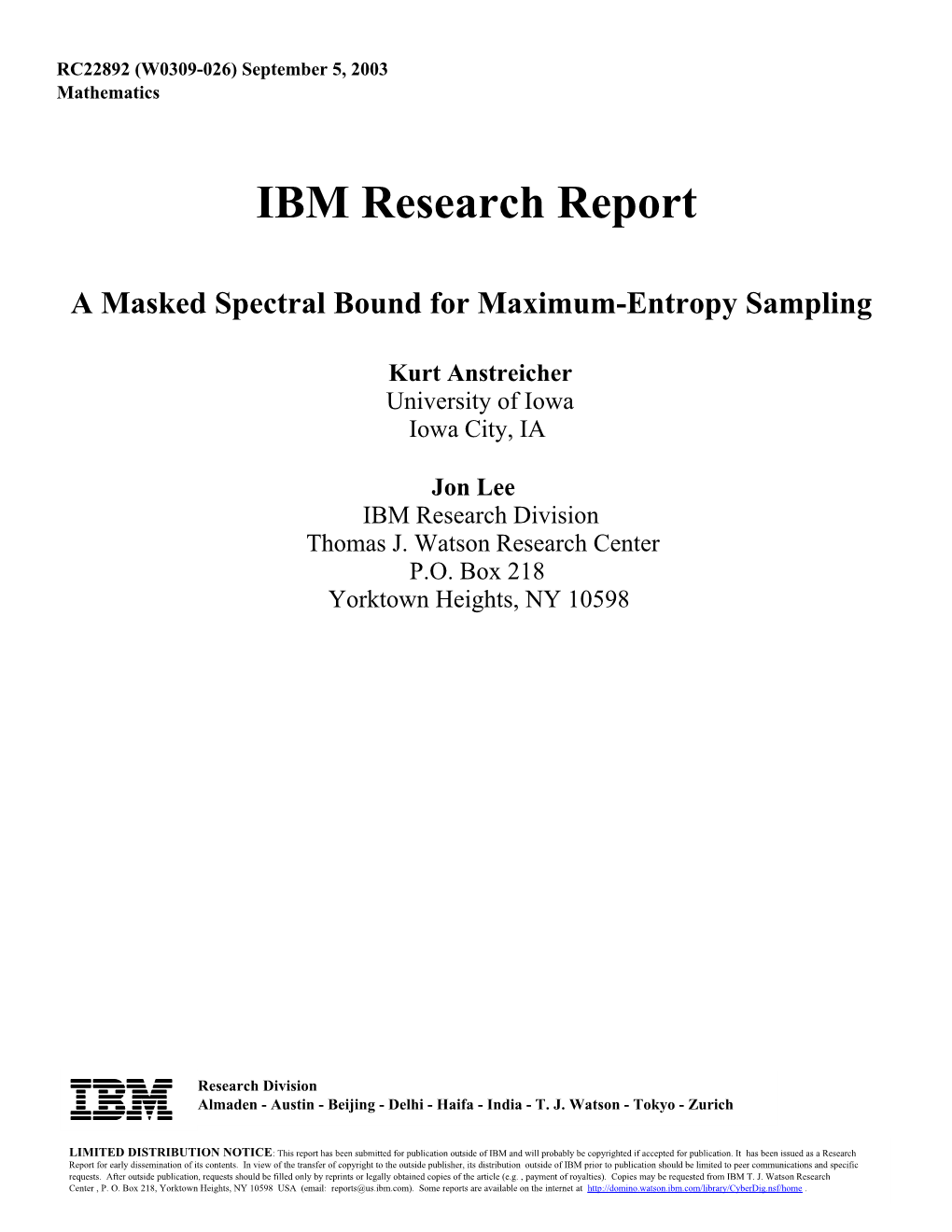 IBM Research Report a Masked Spectral Bound for Maximum