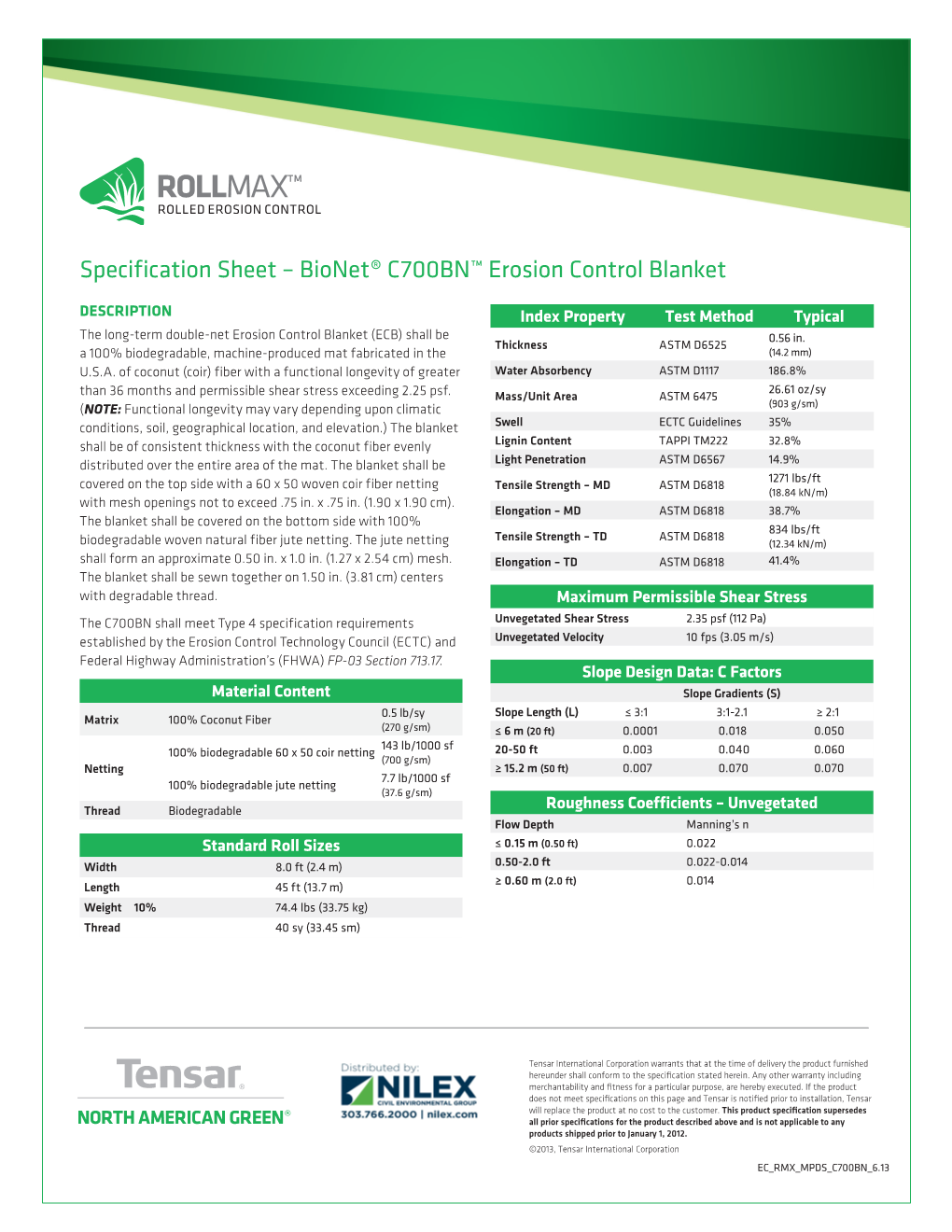 Specification Sheet – Bionet® C700BN™ Erosion Control Blanket